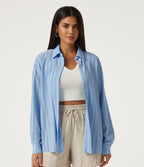 Collared Dropped Long Sleeve Relaxed Stripe Casual Blouse — Sky Blue Dual Stripe — view 3