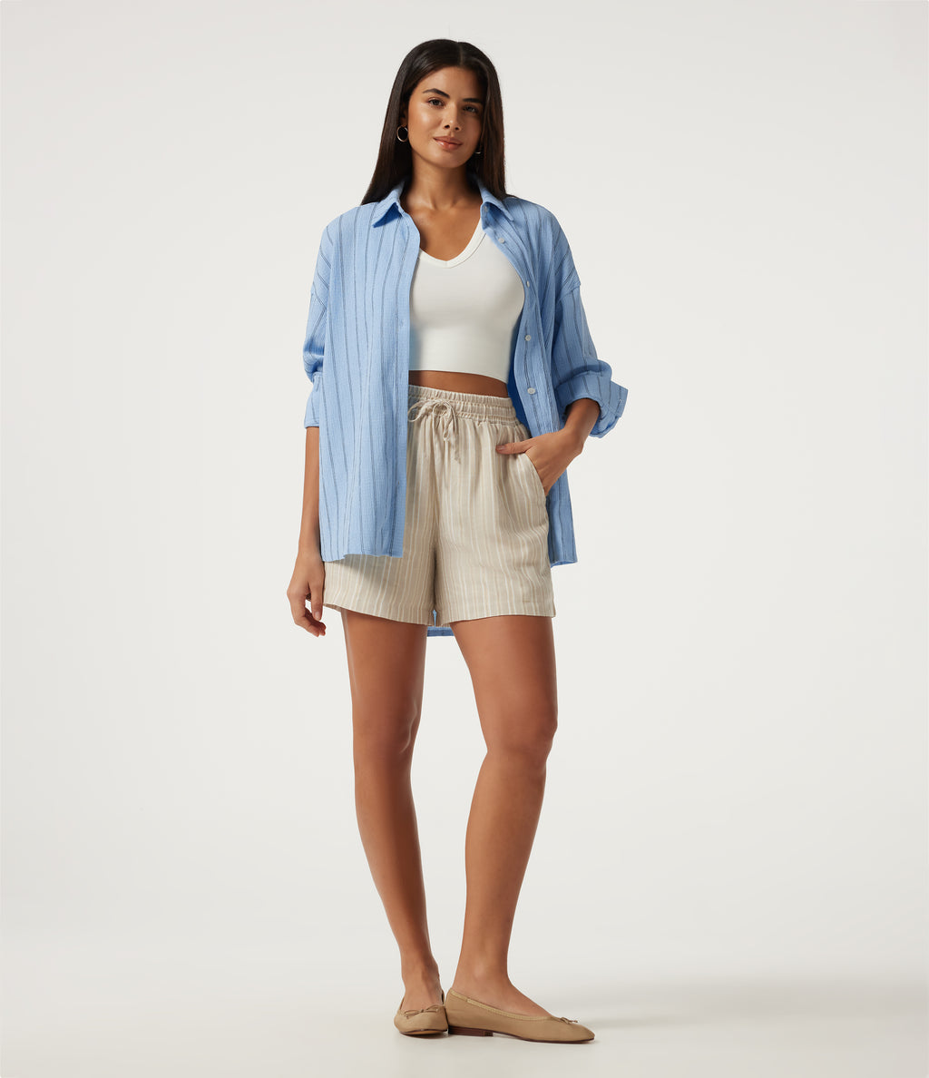 Collared Dropped Long Sleeve Relaxed Stripe Casual Blouse — Sky Blue Dual Stripe — view 8