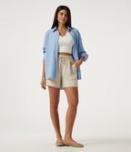 Collared Dropped Long Sleeve Relaxed Stripe Casual Blouse — Sky Blue Dual Stripe — view 8