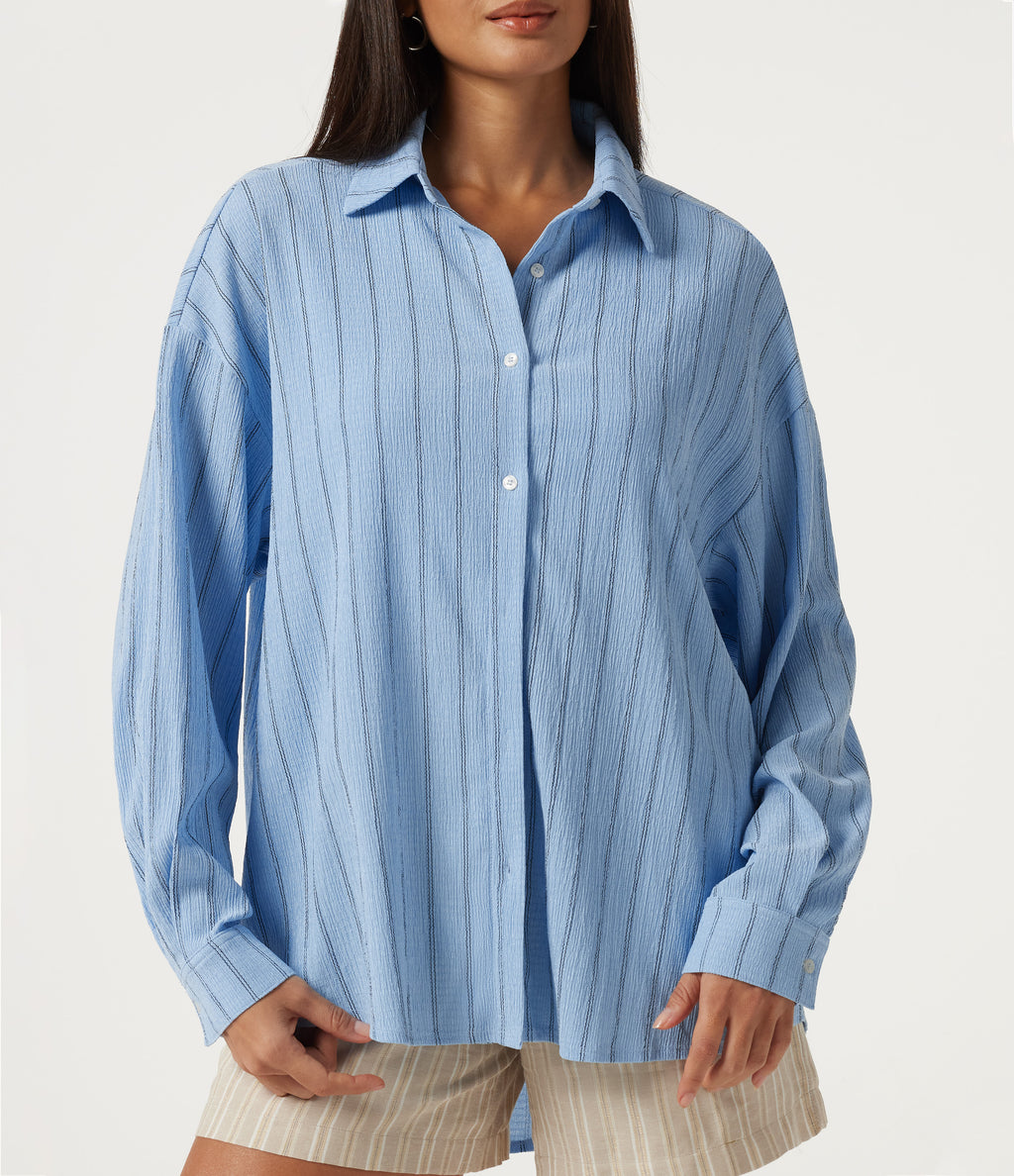 Collared Dropped Long Sleeve Relaxed Stripe Casual Blouse — Sky Blue Dual Stripe — view 5
