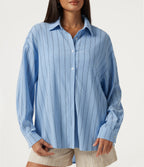Collared Dropped Long Sleeve Relaxed Stripe Casual Blouse — Sky Blue Dual Stripe — view 5