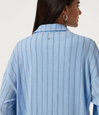 Collared Dropped Long Sleeve Relaxed Stripe Casual Blouse — Sky Blue Dual Stripe — view 6