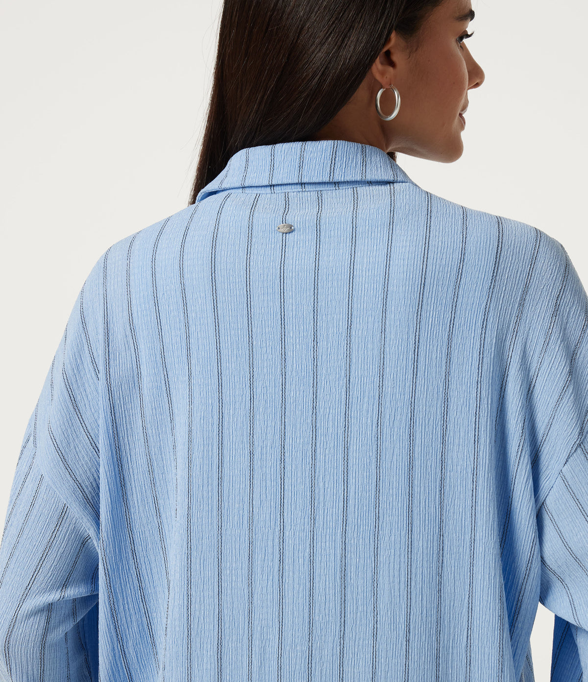 Collared Dropped Long Sleeve Relaxed Stripe Casual Blouse — Sky Blue Dual Stripe — view 6