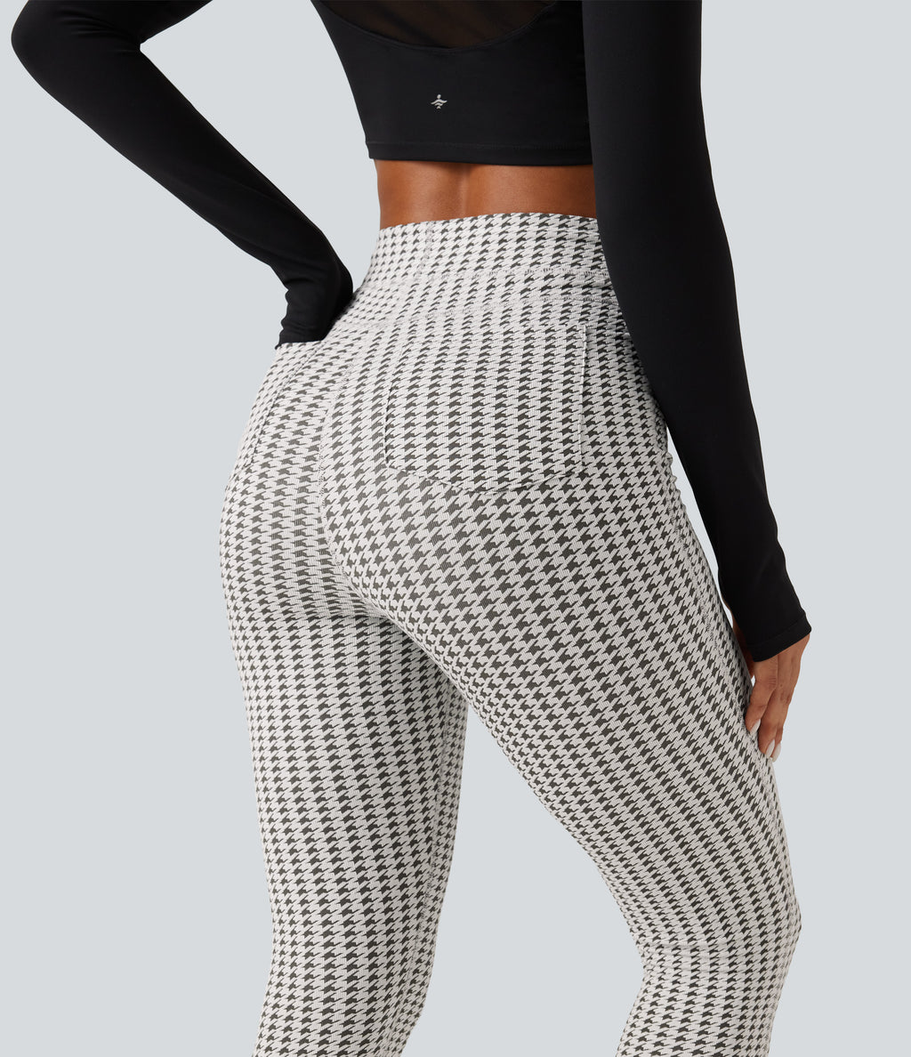 High Waisted Houndstooth Yoga Leggings with Pockets — Ash Mist Houndstooth — view 4