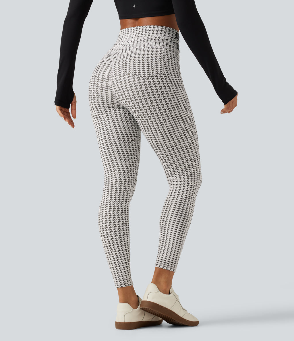 High Waisted Houndstooth Yoga Leggings with Pockets — Ash Mist Houndstooth — view 2