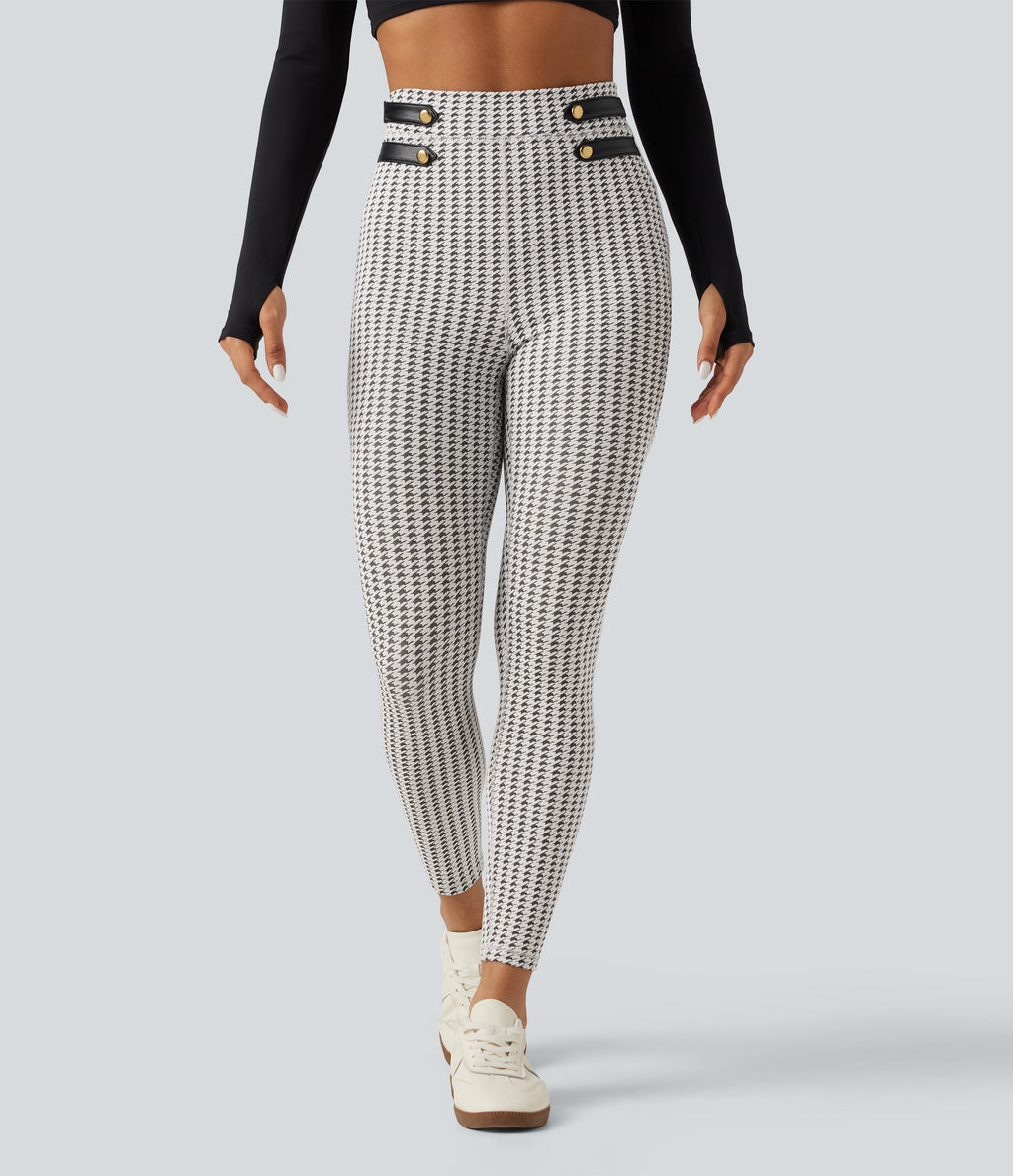 High Waisted Houndstooth Yoga Leggings with Pockets — Ash Mist Houndstooth — view 3