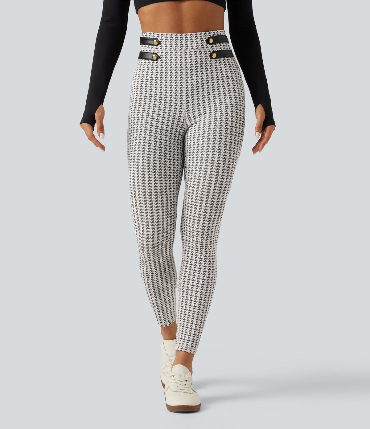 High Waisted Houndstooth Yoga Leggings with Pockets — Ash Mist Houndstooth — view 3