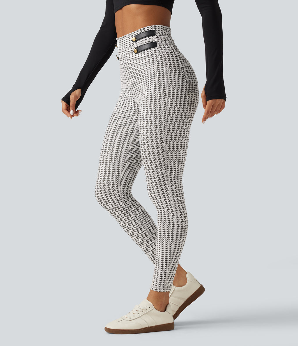 High Waisted Houndstooth Yoga Leggings with Pockets — Ash Mist Houndstooth — view 1