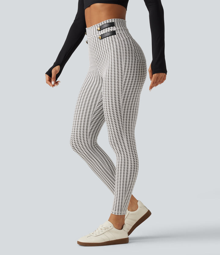 High Waisted Houndstooth Yoga Leggings with Pockets — Ash Mist Houndstooth — view 1