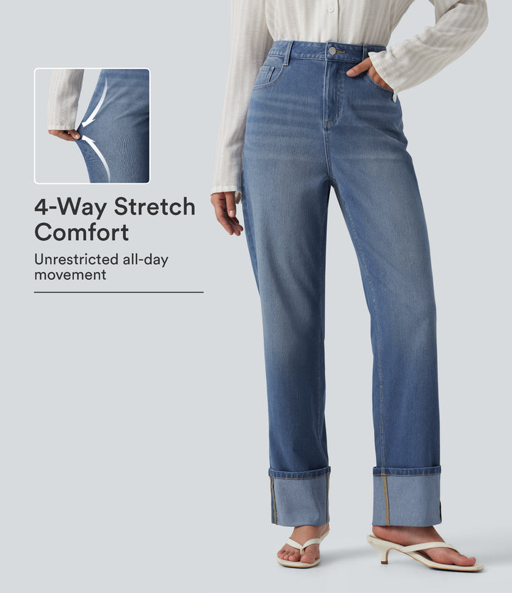High Waisted Straight Leg Casual Jeans with Pockets — Malibu Blue Denim — view 1
