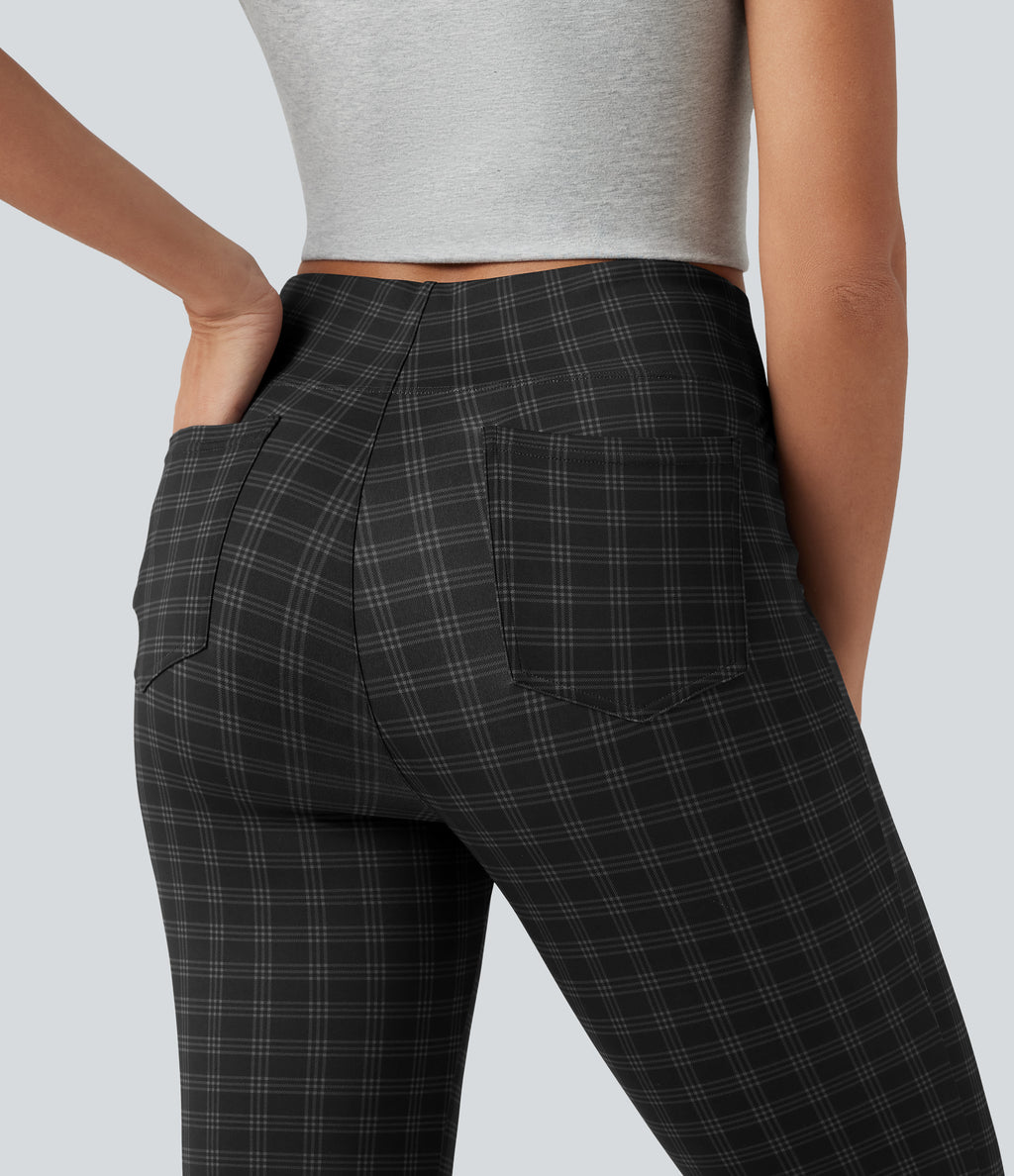 High Waisted Plaid Bootcut Work Trousers with Pockets — Charcoal Haze — view 5