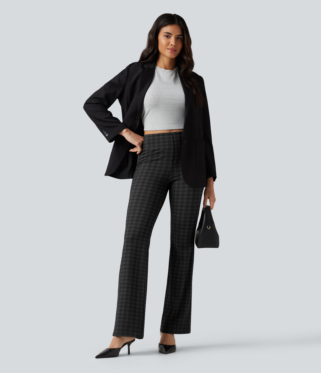 High Waisted Plaid Bootcut Work Trousers with Pockets — Charcoal Haze — view 6