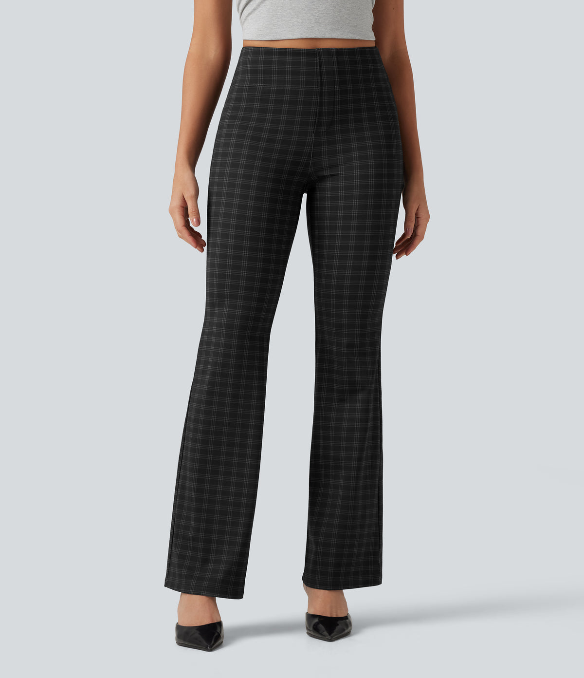High Waisted Plaid Bootcut Work Trousers with Pockets — Charcoal Haze — view 3
