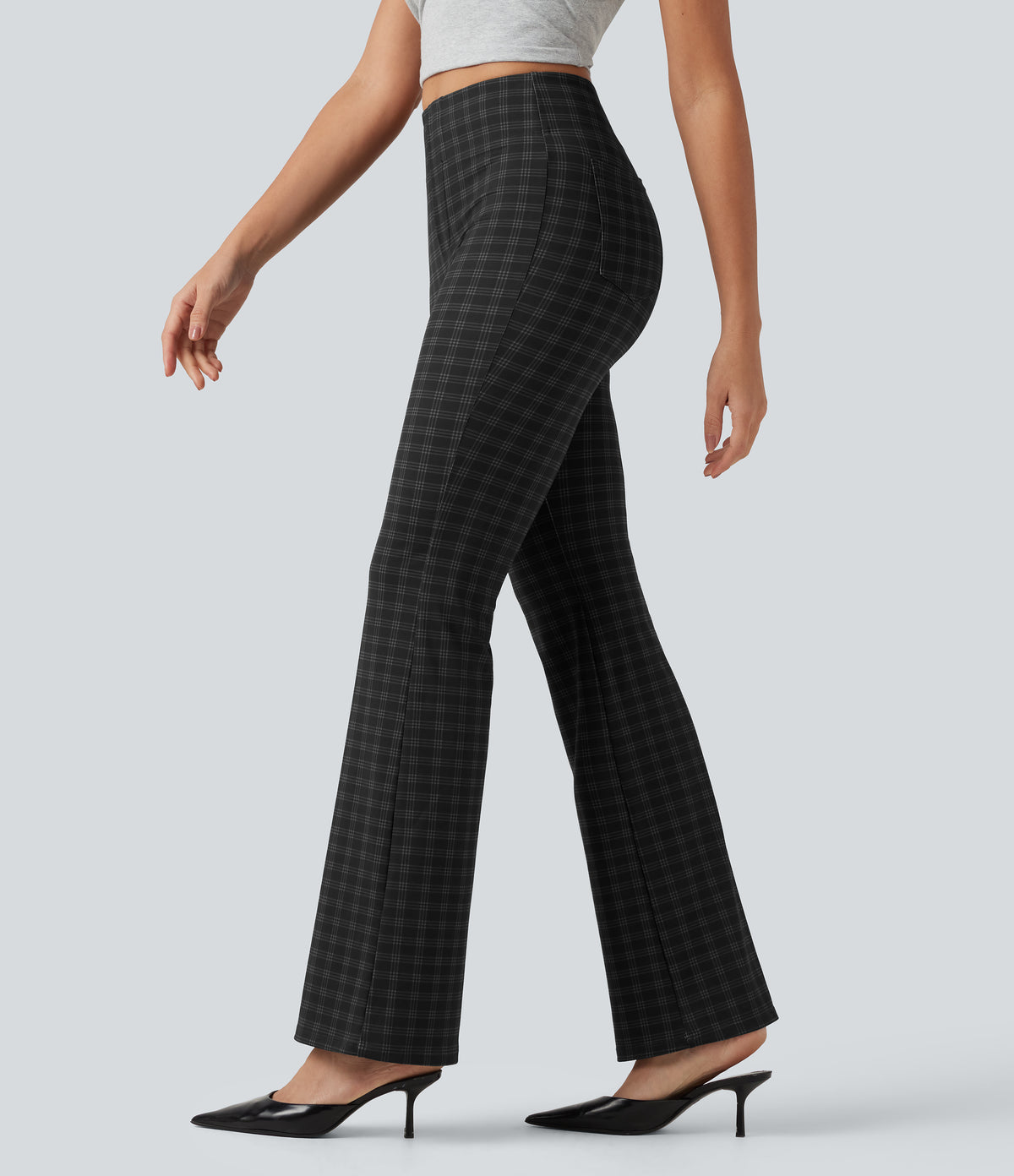 High Waisted Plaid Bootcut Work Trousers with Pockets — Charcoal Haze — view 1