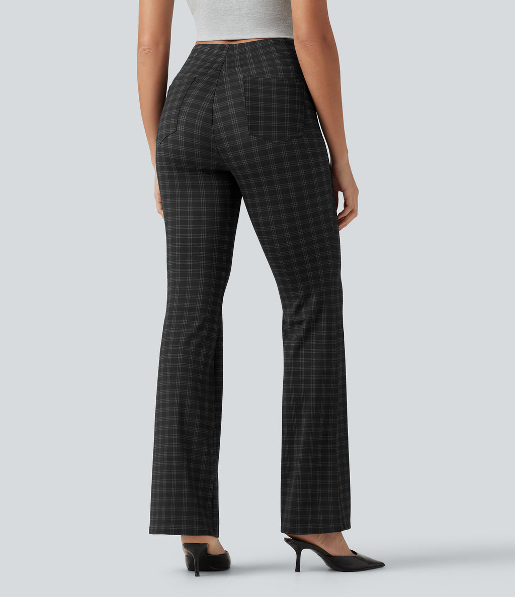 High Waisted Plaid Bootcut Work Trousers with Pockets — Charcoal Haze — view 2