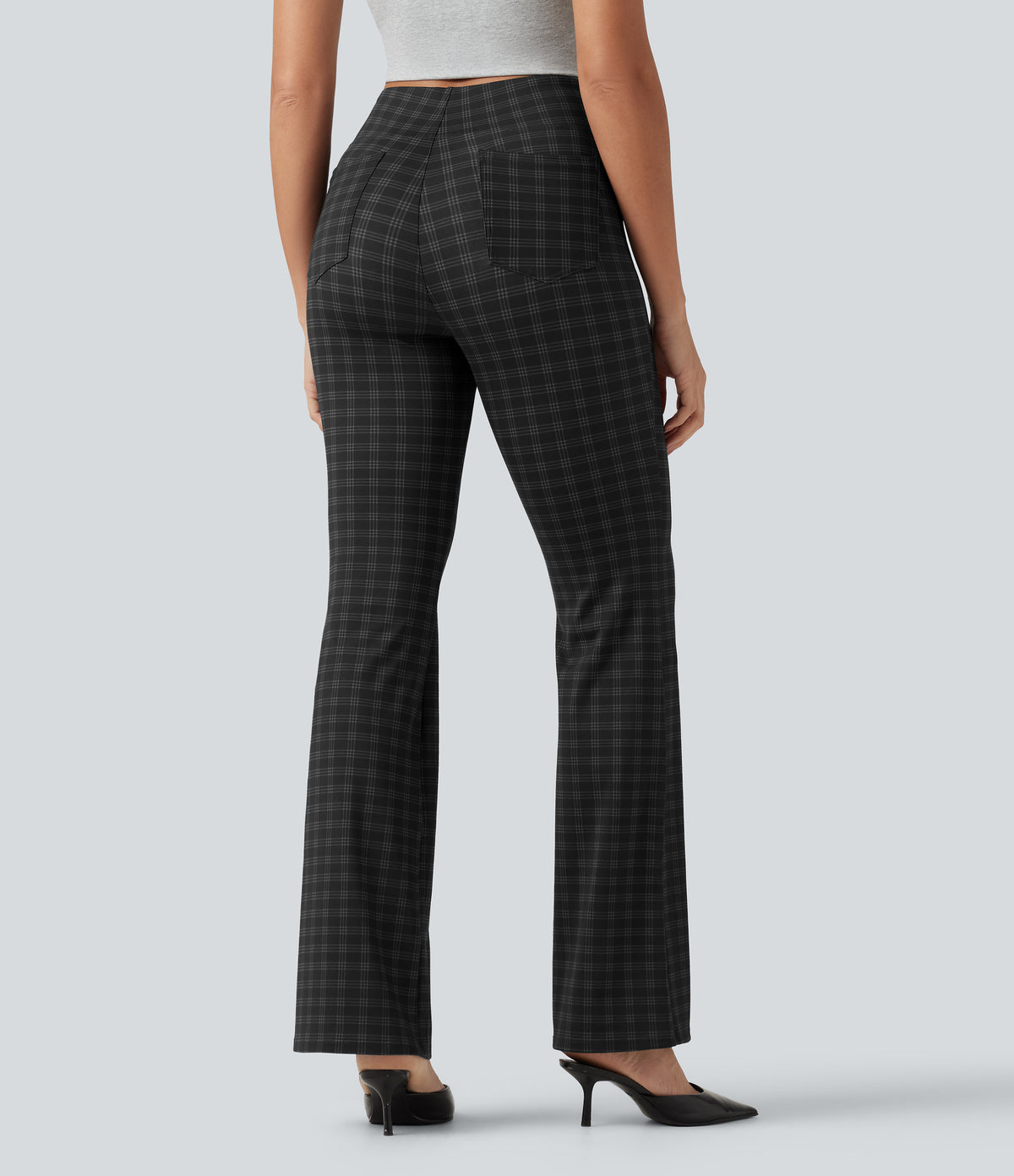 High Waisted Plaid Bootcut Work Trousers with Pockets — Charcoal Haze — view 2