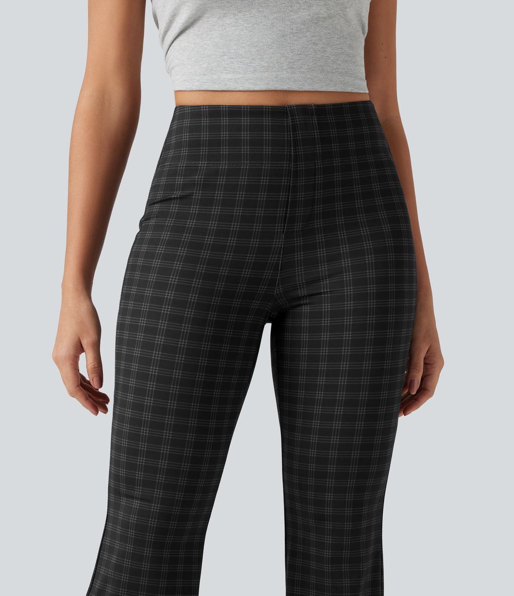 High Waisted Plaid Bootcut Work Trousers with Pockets — Charcoal Haze — view 4