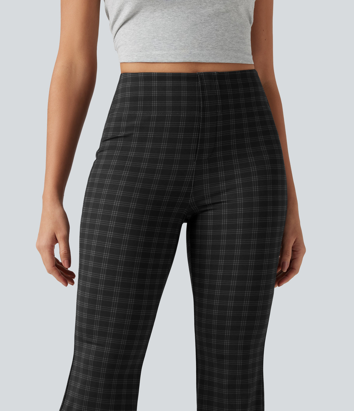 High Waisted Plaid Bootcut Work Trousers with Pockets — Charcoal Haze — view 4