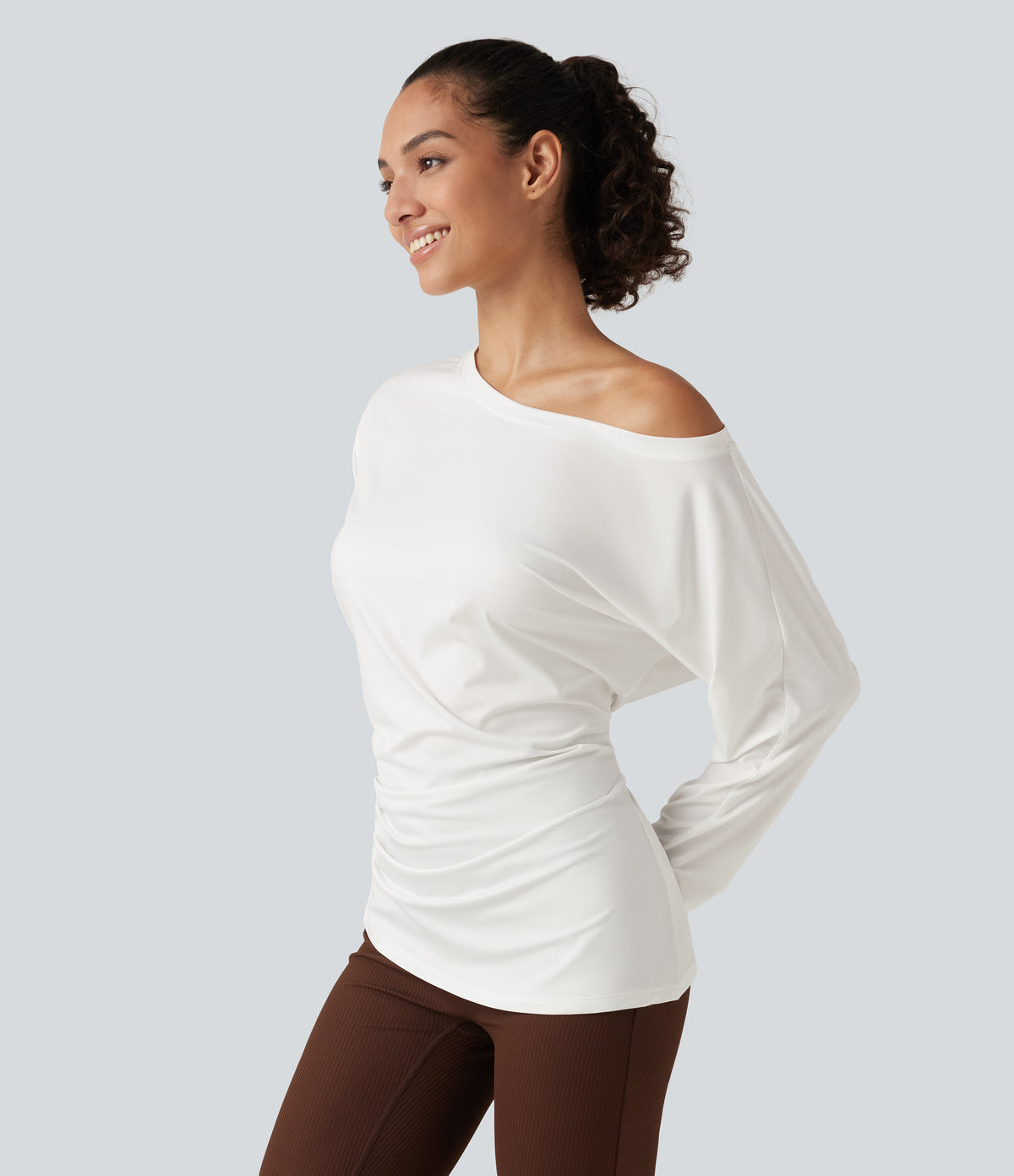 One Shoulder Long Sleeve Ruched Yoga Sports Top — White — view 4