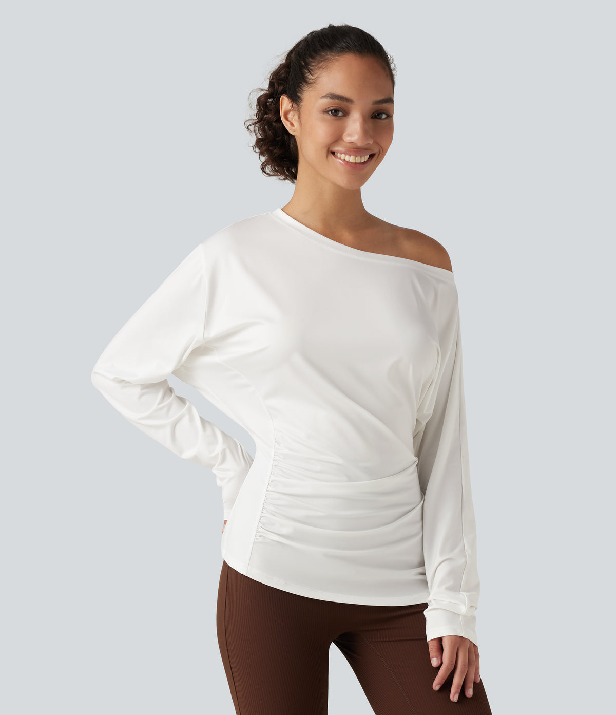 One Shoulder Long Sleeve Ruched Yoga Sports Top — White — view 3