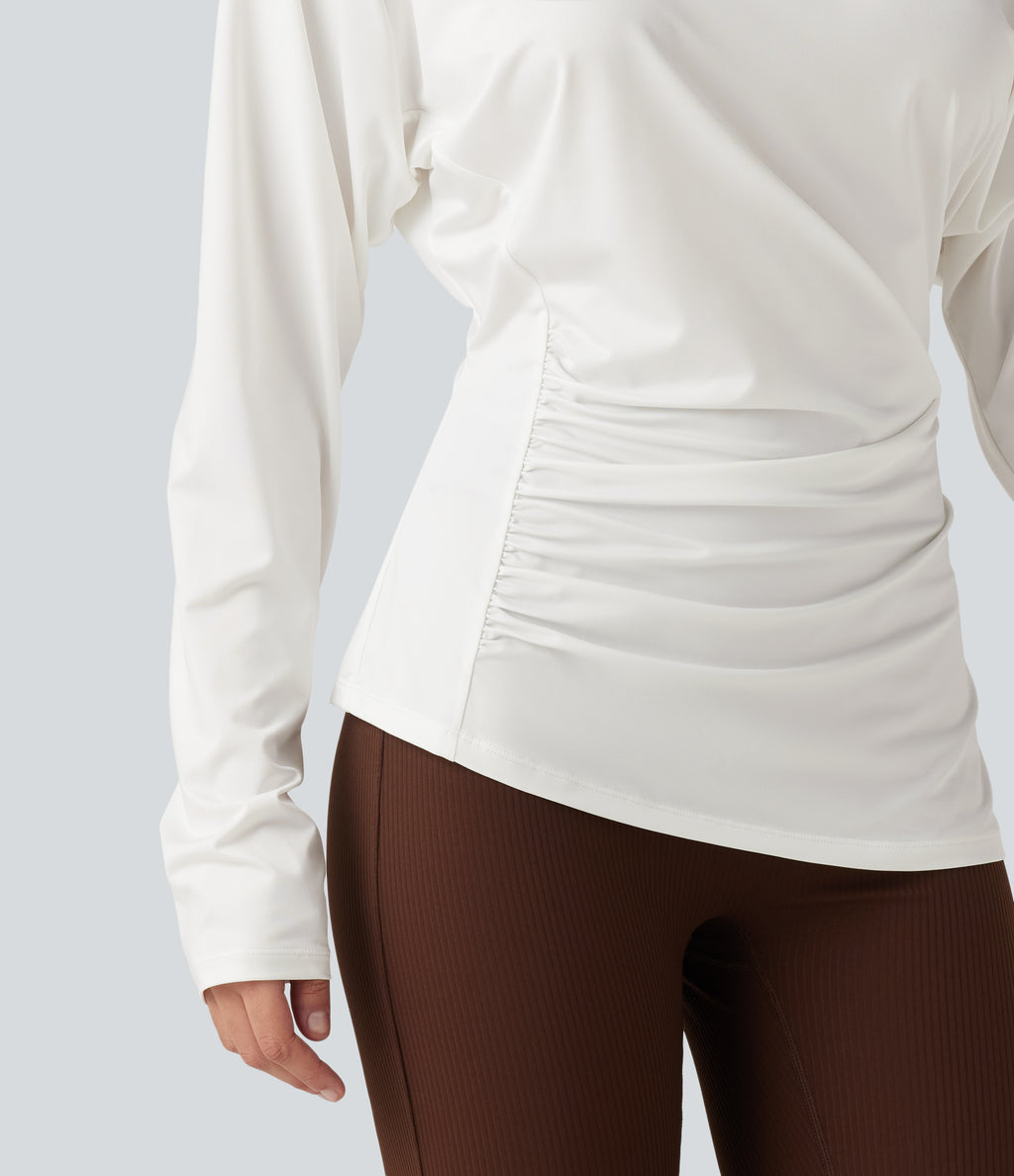 One Shoulder Long Sleeve Ruched Yoga Sports Top — White — view 5