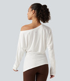 One Shoulder Long Sleeve Ruched Yoga Sports Top — White — view 2