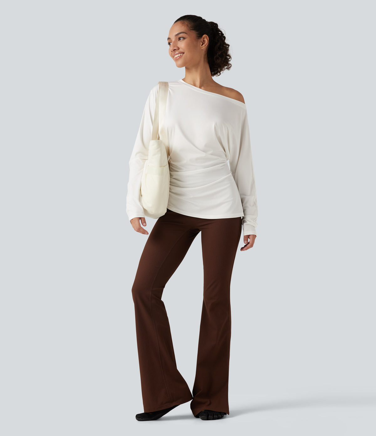 One Shoulder Long Sleeve Ruched Yoga Sports Top — White — view 7