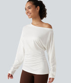 One Shoulder Long Sleeve Ruched Yoga Sports Top — White — view 1