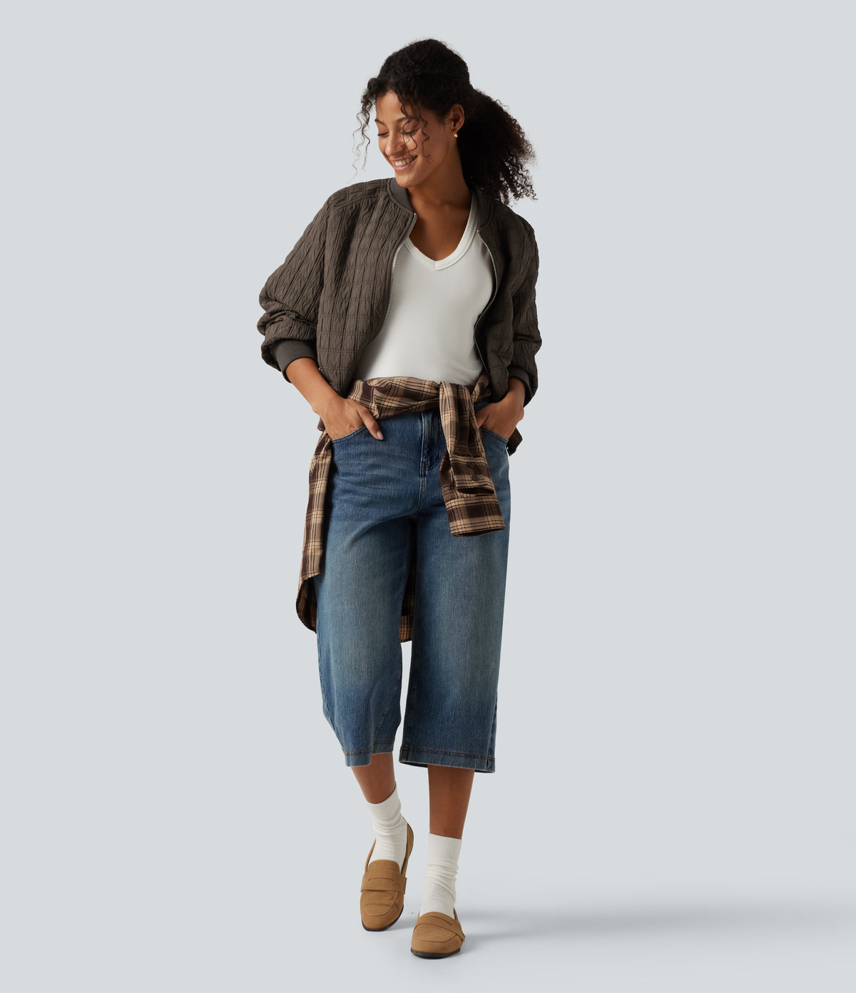 Stand Collar Long Sleeve Casual Bomber Jacket with Pockets — Morel — view 6