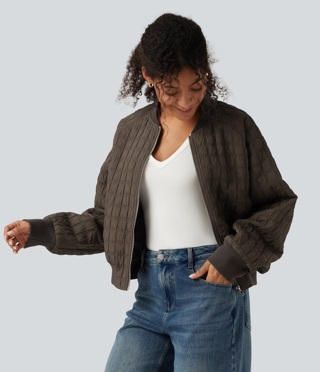 Stand Collar Long Sleeve Casual Bomber Jacket with Pockets — Morel — view 3