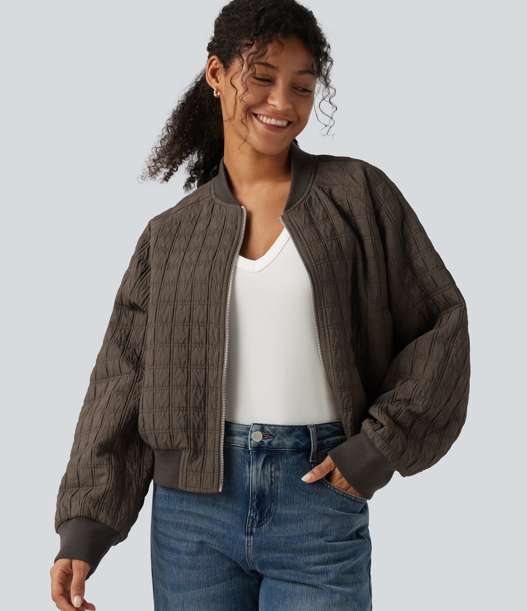 Stand Collar Long Sleeve Casual Bomber Jacket with Pockets — Morel — view 4