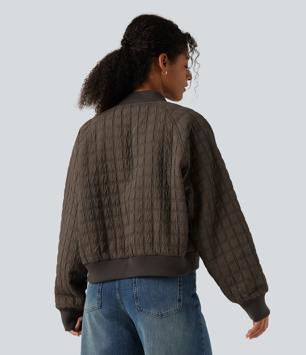 Stand Collar Long Sleeve Casual Bomber Jacket with Pockets — Morel — view 2
