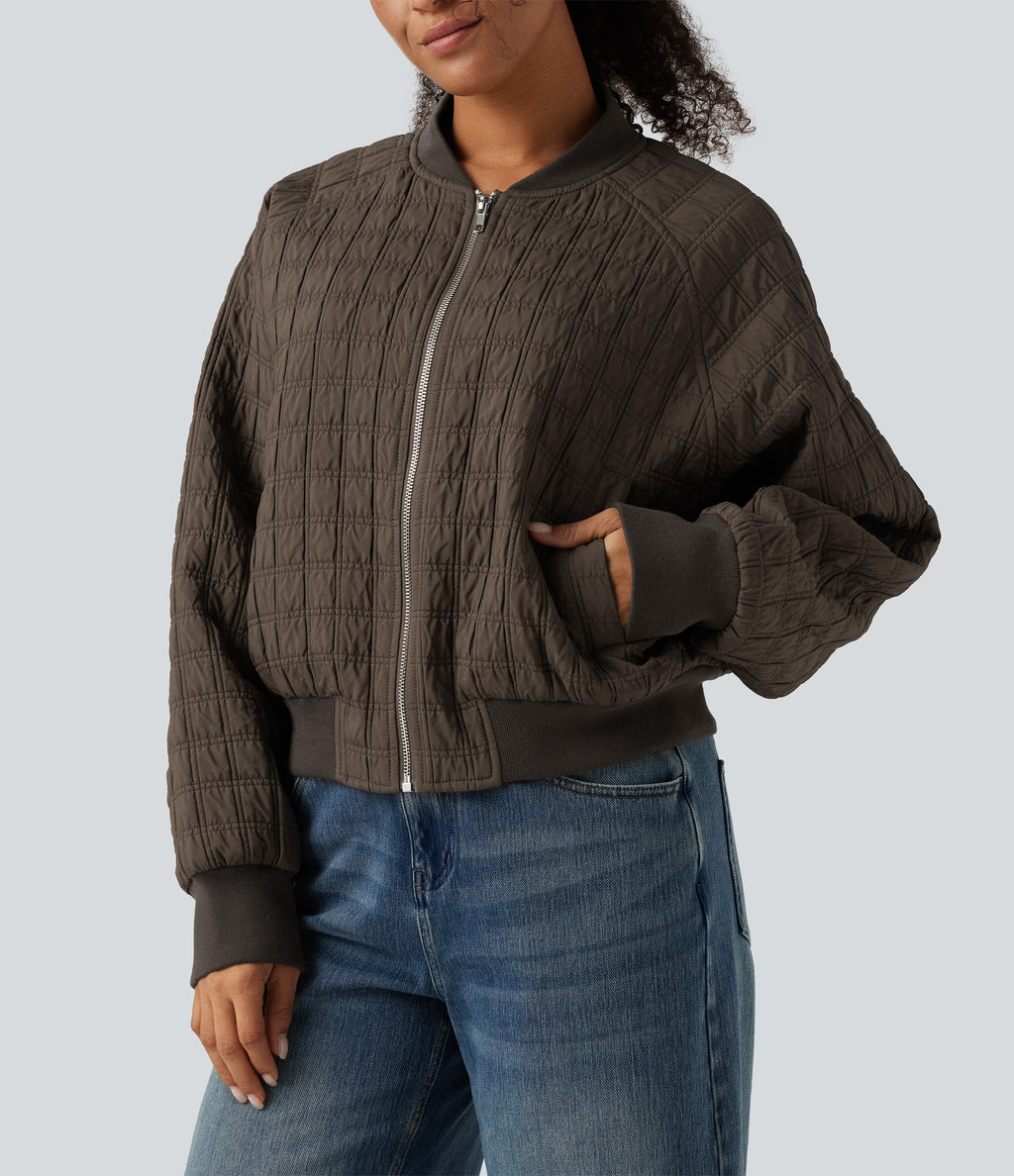 Stand Collar Long Sleeve Casual Bomber Jacket with Pockets — Morel — view 5