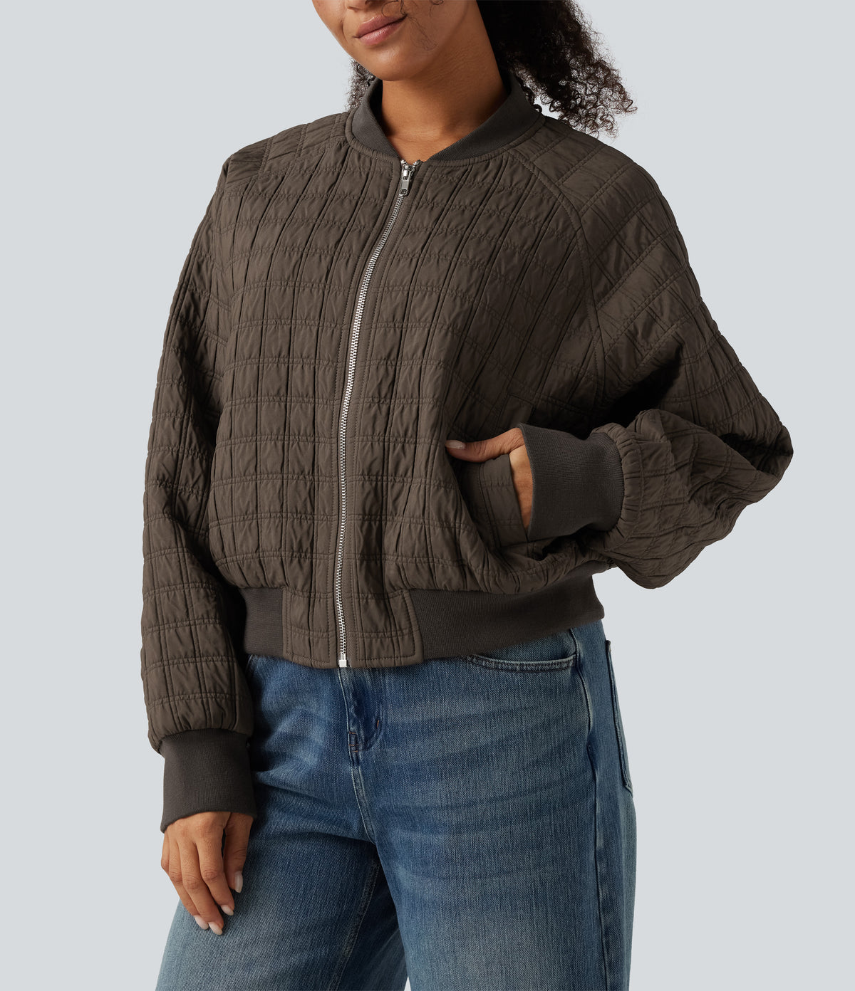 Stand Collar Long Sleeve Casual Bomber Jacket with Pockets — Morel — view 5