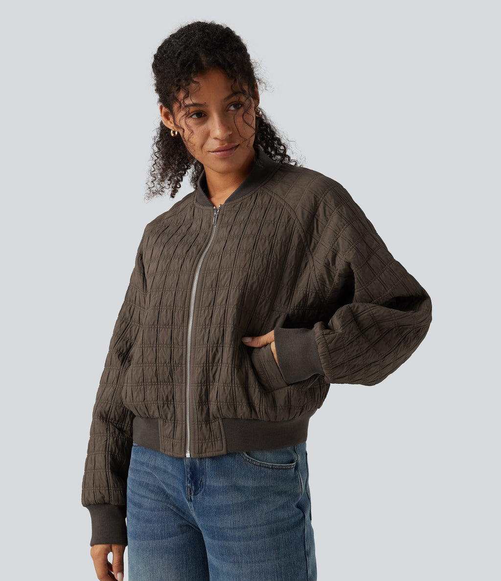 Stand Collar Long Sleeve Casual Bomber Jacket with Pockets — Morel — view 1