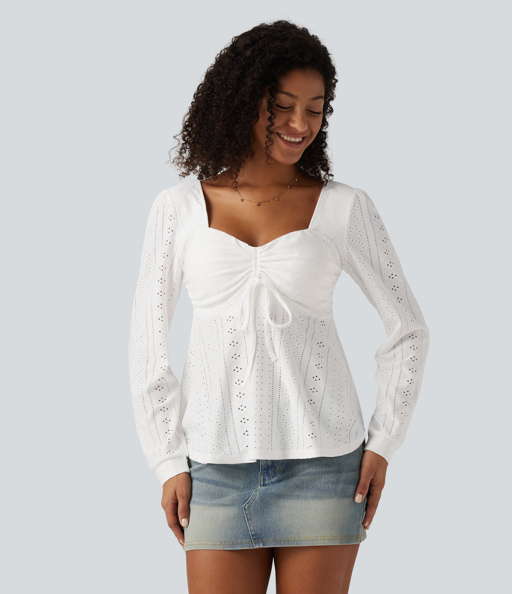 Sweetheart Neck Long Sleeve Lace Up Built-in Bra Eyelet Casual Top — White — view 4
