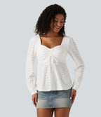 Sweetheart Neck Long Sleeve Lace Up Built-in Bra Eyelet Casual Top — White — view 4