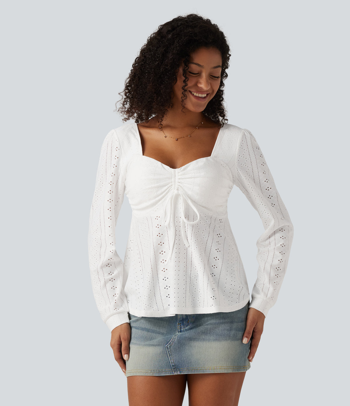Sweetheart Neck Long Sleeve Lace Up Built-in Bra Eyelet Casual Top — White — view 4