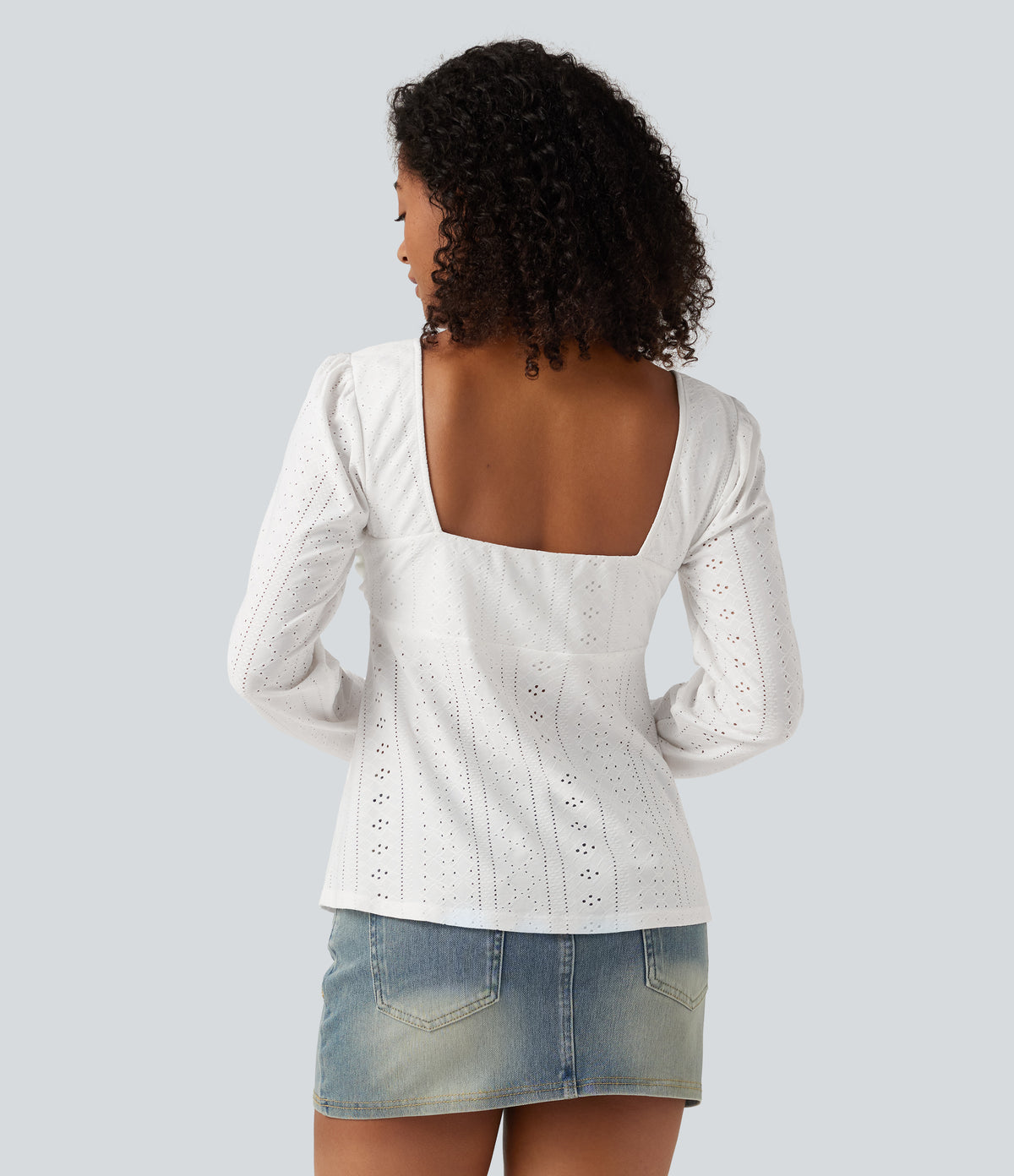 Sweetheart Neck Long Sleeve Lace Up Built-in Bra Eyelet Casual Top — White — view 2