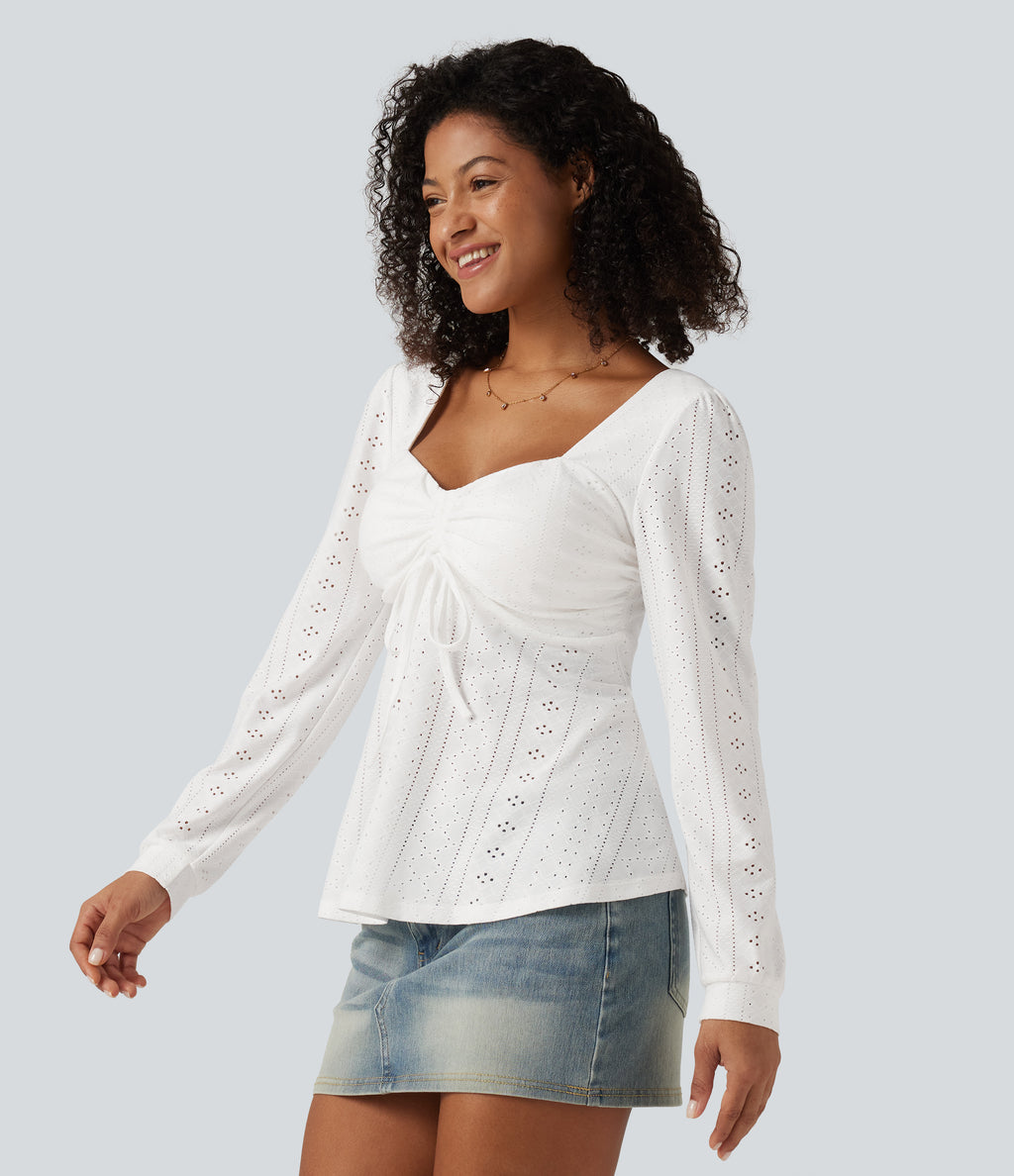 Sweetheart Neck Long Sleeve Lace Up Built-in Bra Eyelet Casual Top — White — view 3