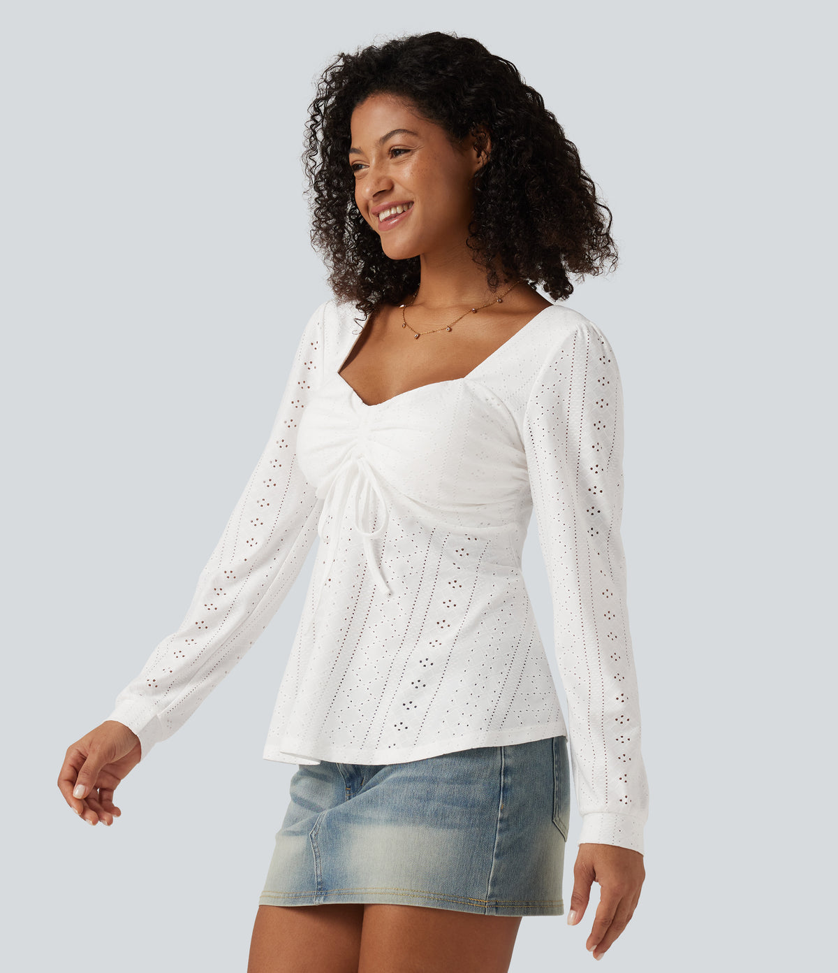 Sweetheart Neck Long Sleeve Lace Up Built-in Bra Eyelet Casual Top — White — view 3