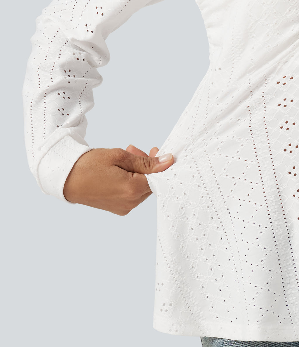 Sweetheart Neck Long Sleeve Lace Up Built-in Bra Eyelet Casual Top — White — view 6