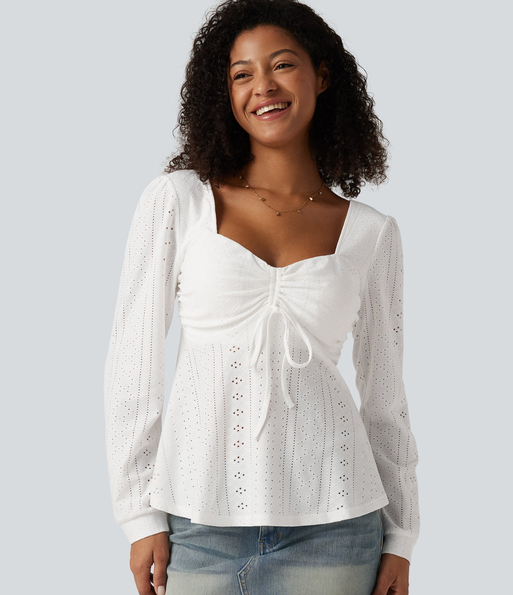 Sweetheart Neck Long Sleeve Lace Up Built-in Bra Eyelet Casual Top — White — view 5