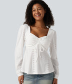 Sweetheart Neck Long Sleeve Lace Up Built-in Bra Eyelet Casual Top — White — view 5