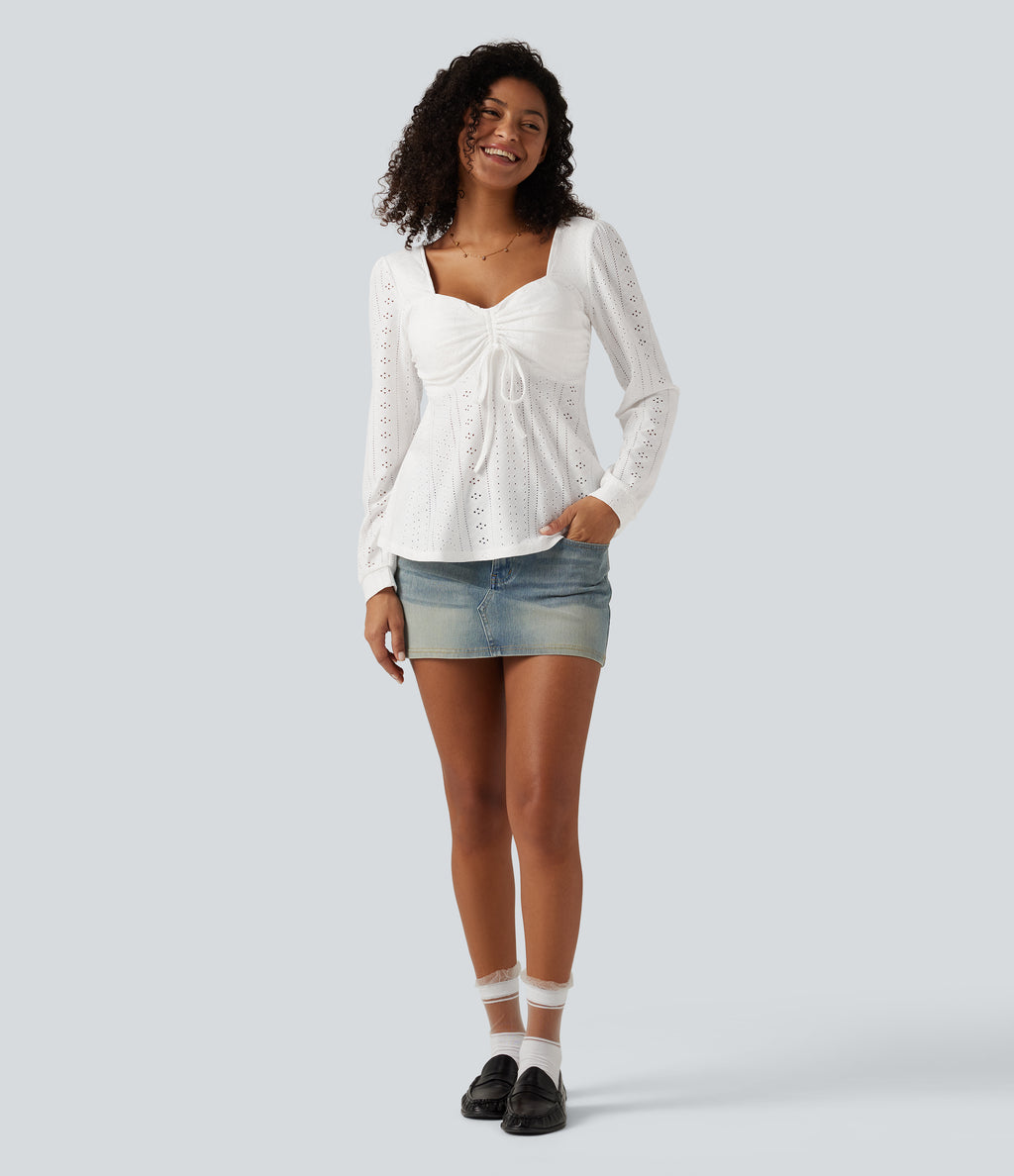 Sweetheart Neck Long Sleeve Lace Up Built-in Bra Eyelet Casual Top — White — view 7
