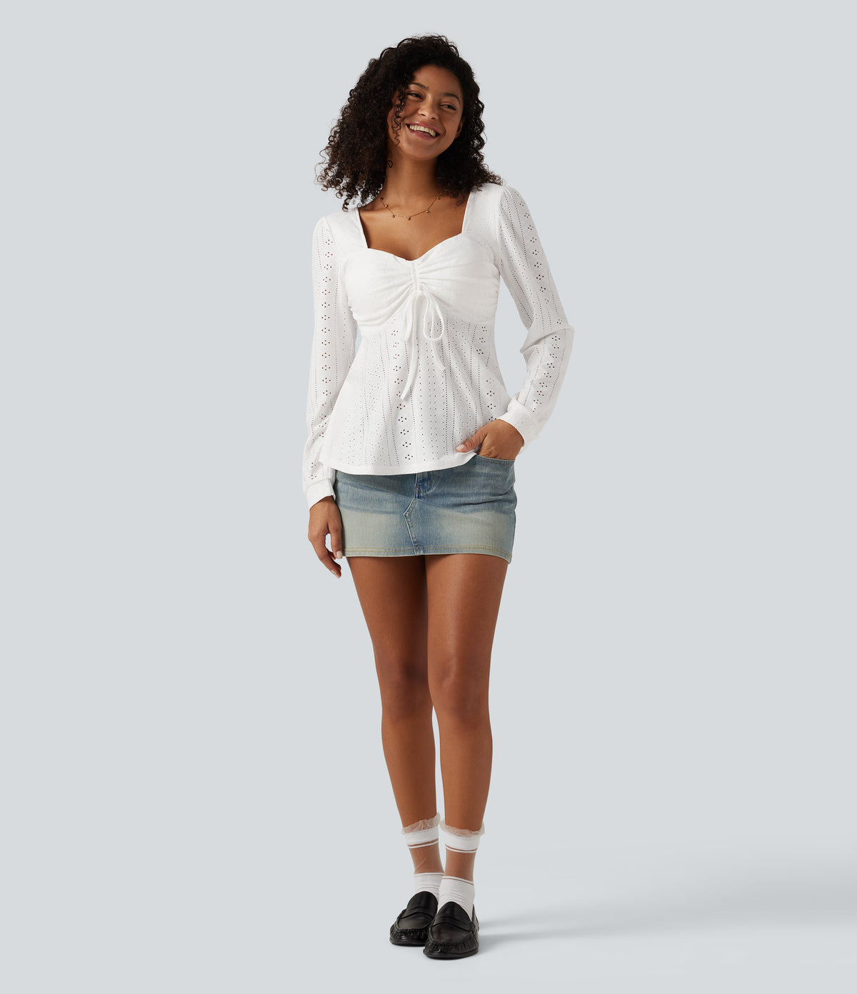 Sweetheart Neck Long Sleeve Lace Up Built-in Bra Eyelet Casual Top — White — view 7