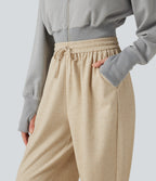 High Waisted Drawstring Casual Joggers with Pockets — Wood Ash — view 4