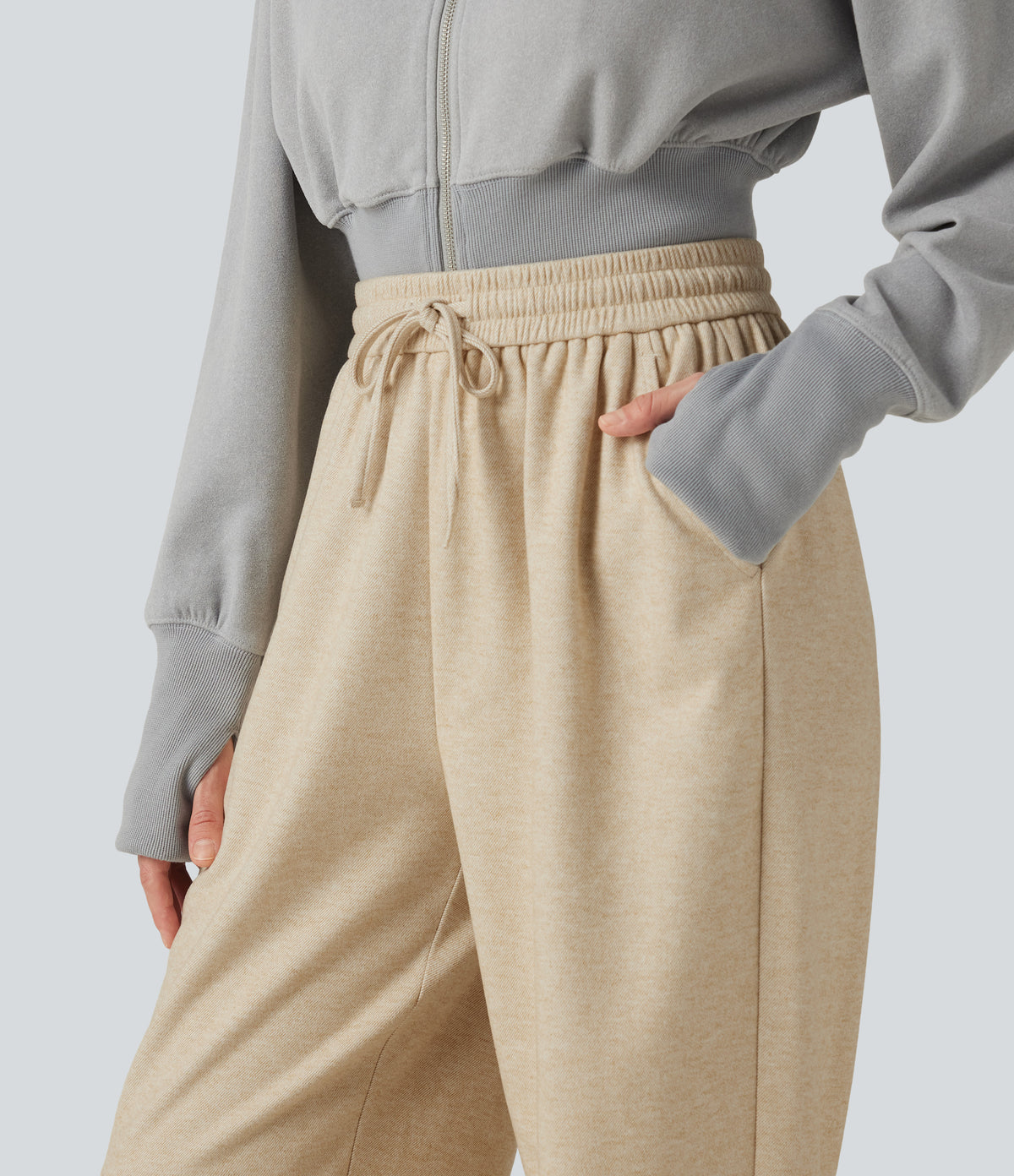 High Waisted Drawstring Casual Joggers with Pockets — Wood Ash — view 4