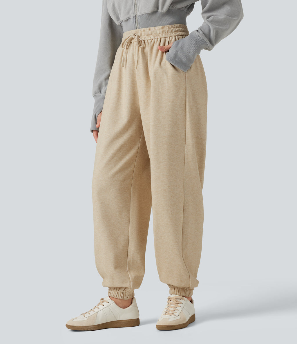High Waisted Drawstring Casual Joggers with Pockets — Wood Ash — view 3
