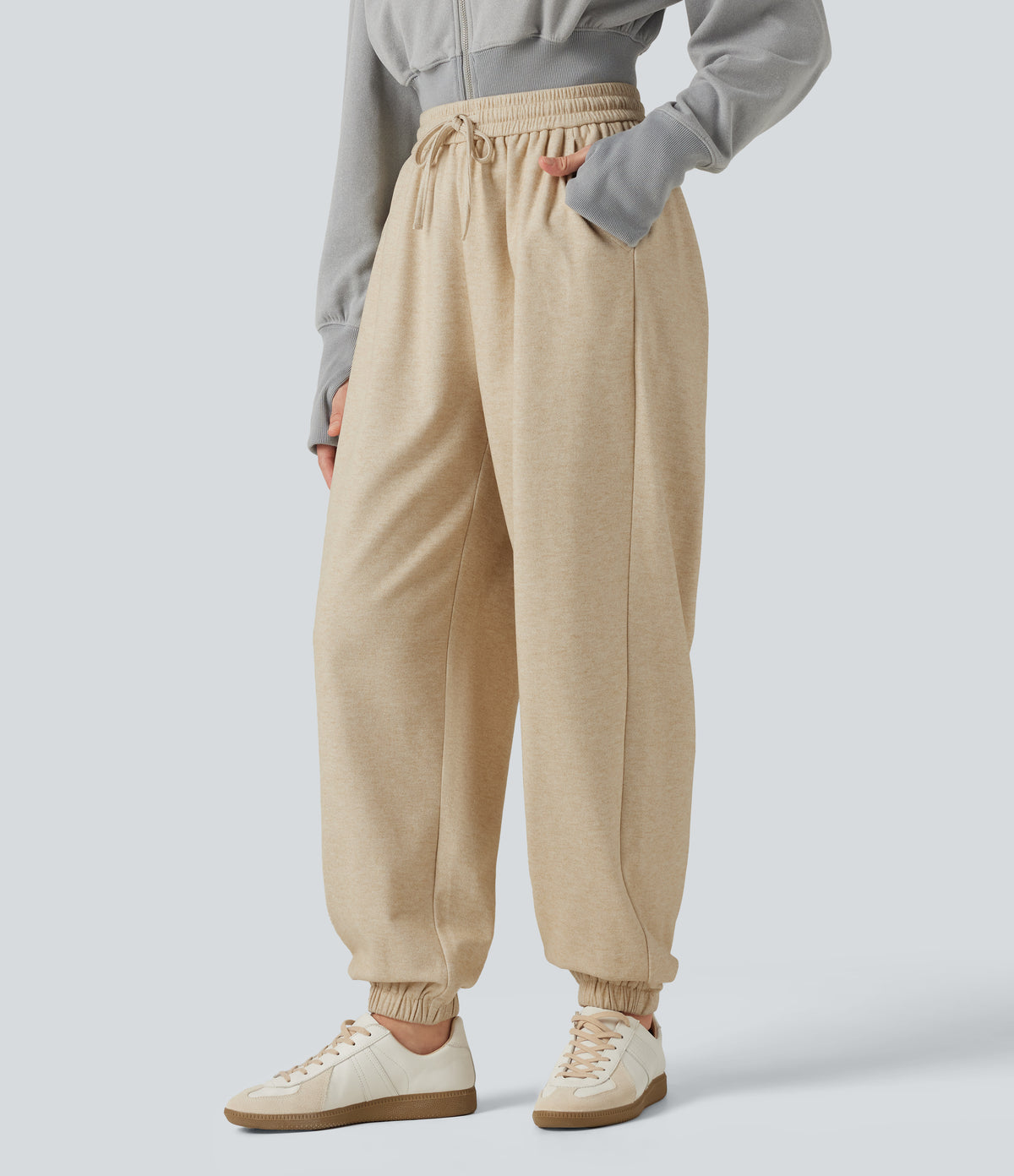 High Waisted Drawstring Casual Joggers with Pockets — Wood Ash — view 3
